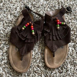 Dark brown suede fringe and bead sandals